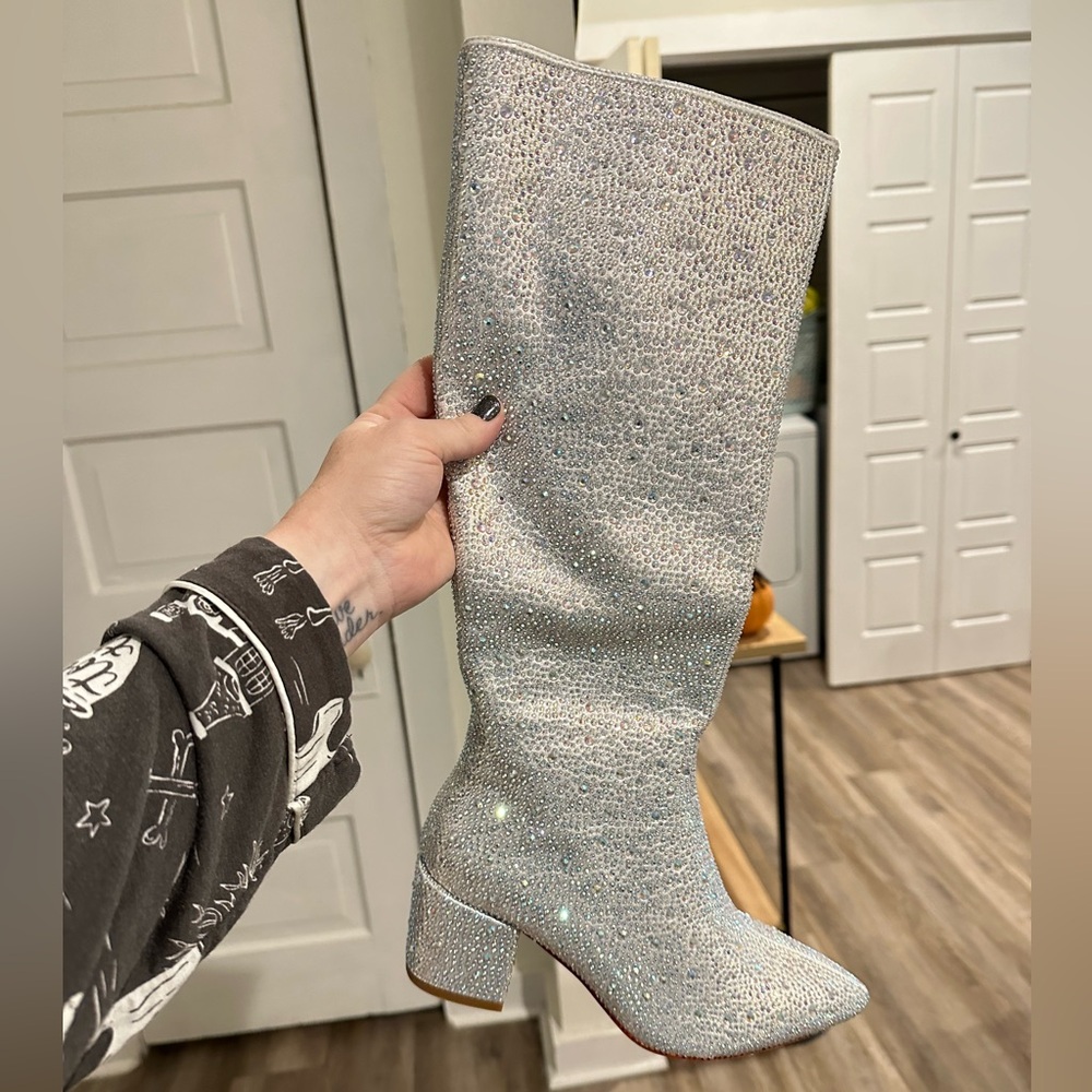 Irridescent Rhinestone Knee-High Boots